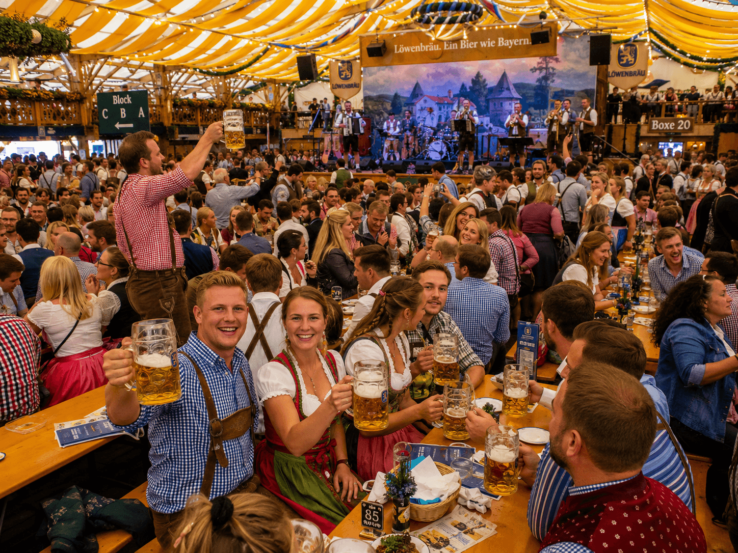 Oktoberfest-Stimmung im Bierzelt mit Live-Band